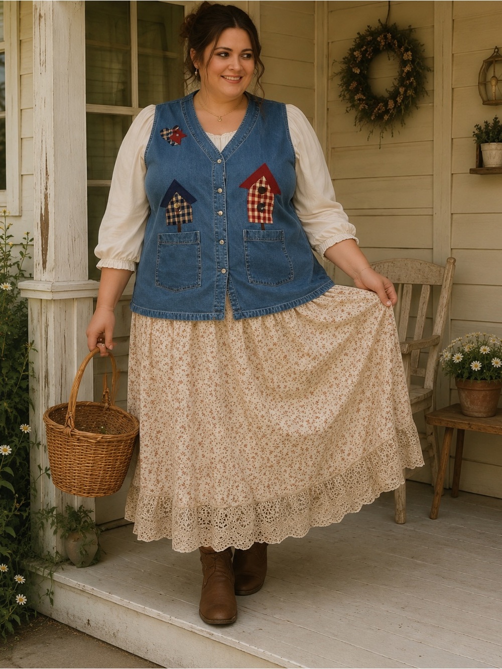 Vintage HAIKS Denim Vest XL Birdhouse Applique Cottagecore Country 100% Cotton
